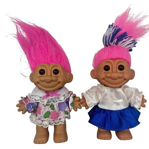 Russ Cheerleader and Floral Outfit TROLL DOLLS Pink Hair Vintage Set of 2